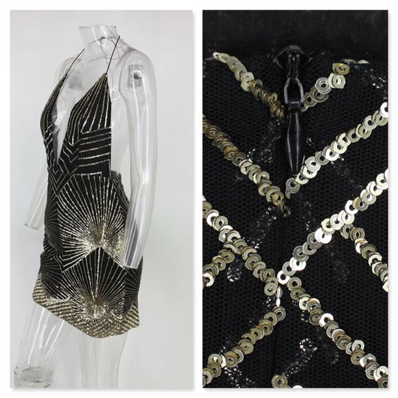 Plunging V-Neck Backless Sequin Mini Dress Black - Picture 6 of 15